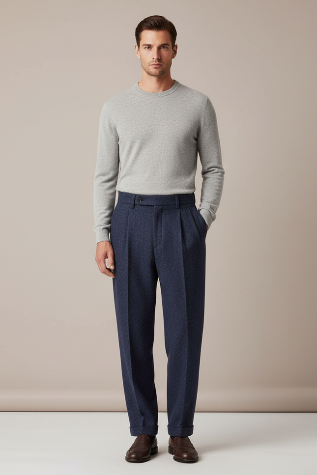 Pantalon À Pince Bleu Marine Laine Drapé Plissé Droit