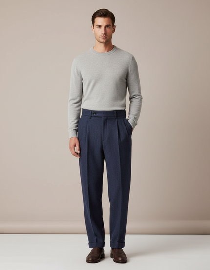Pantalon À Pince Bleu Marine Laine Drapé Plissé Droit