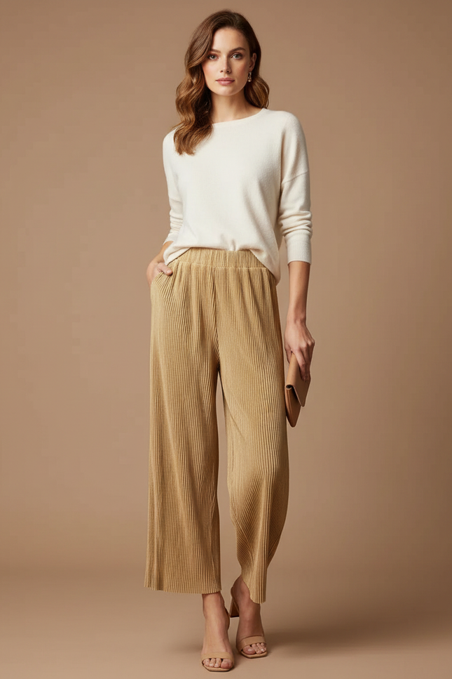 Pantalon À Pince Plissé Beige Ample Fluide Élégant - Polyester