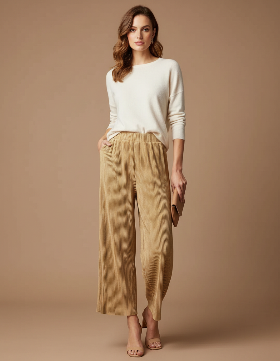 Pantalon À Pince Plissé Beige Ample Fluide Élégant - Polyester