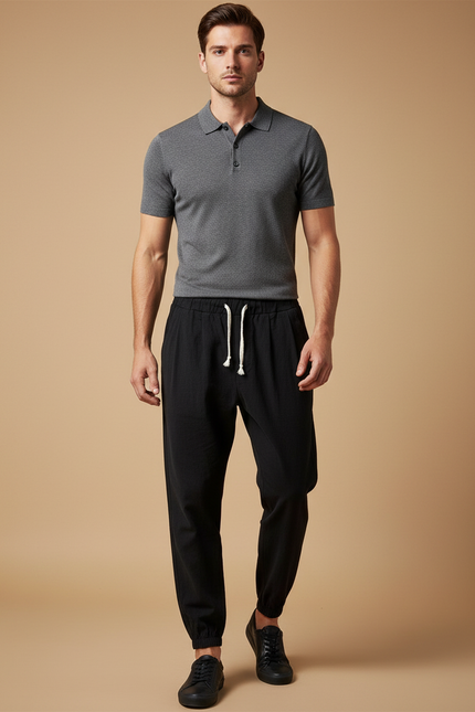 Pantalon À Pince Noir Ample Cordon Décontracté Lin Homme