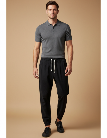 Pantalon À Pince Noir Ample Cordon Décontracté Lin Homme