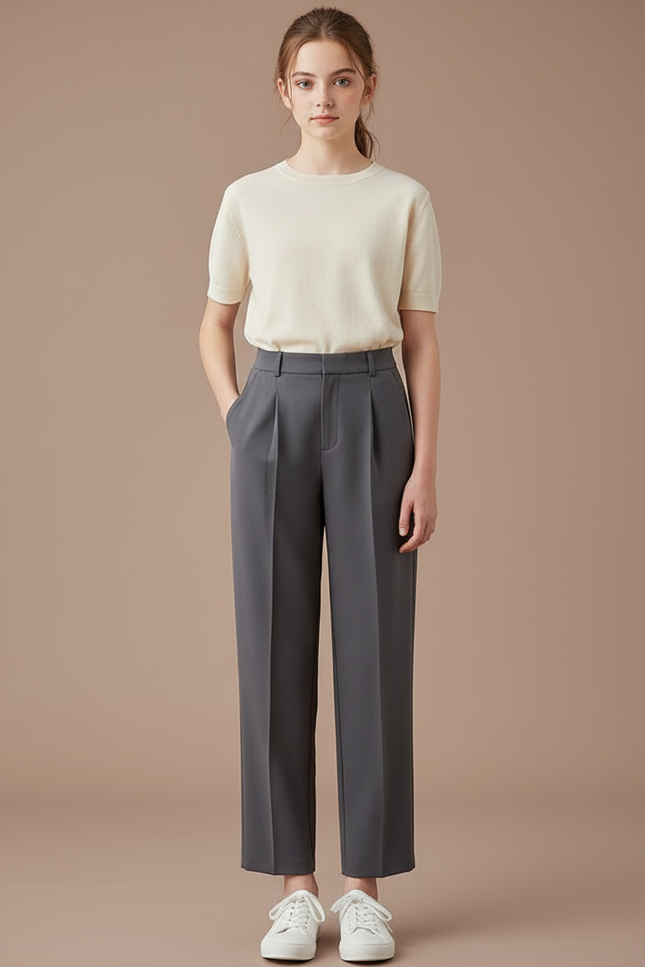 Pantalon À Pince Gris Élégant Droit Taille Haute - Polyester