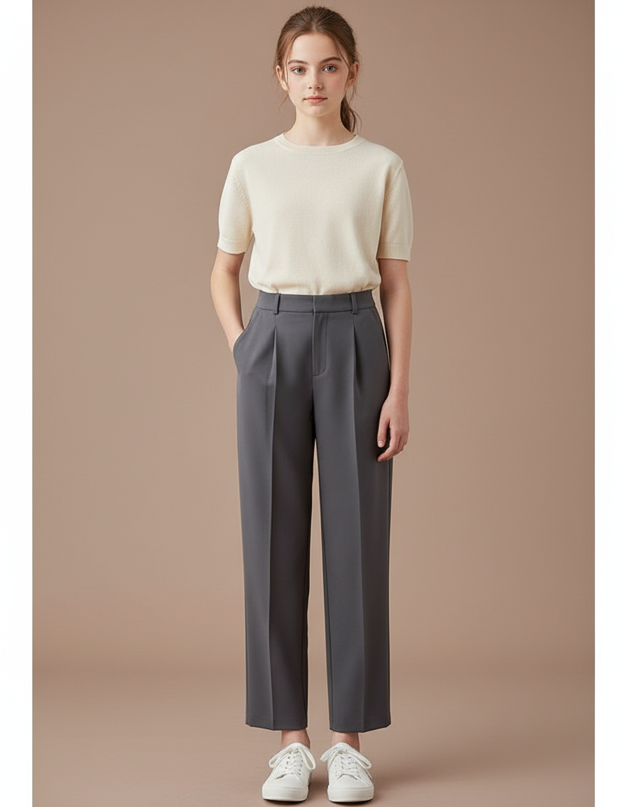 Pantalon À Pince Gris Élégant Droit Taille Haute - Polyester
