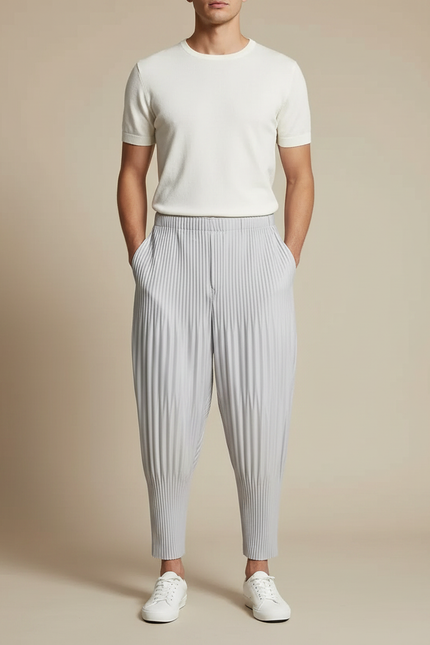 Pantalon À Pince Plissé Gris Décontracté Ample Homme - Polyester