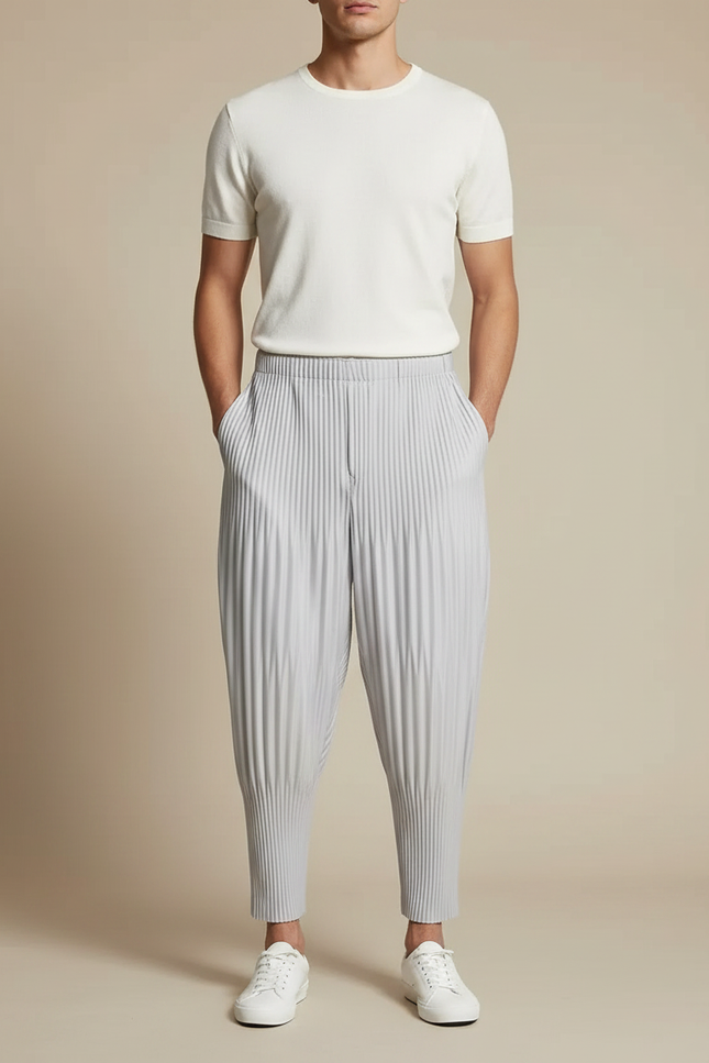 Pantalon À Pince Plissé Gris Décontracté Ample Homme - Polyester