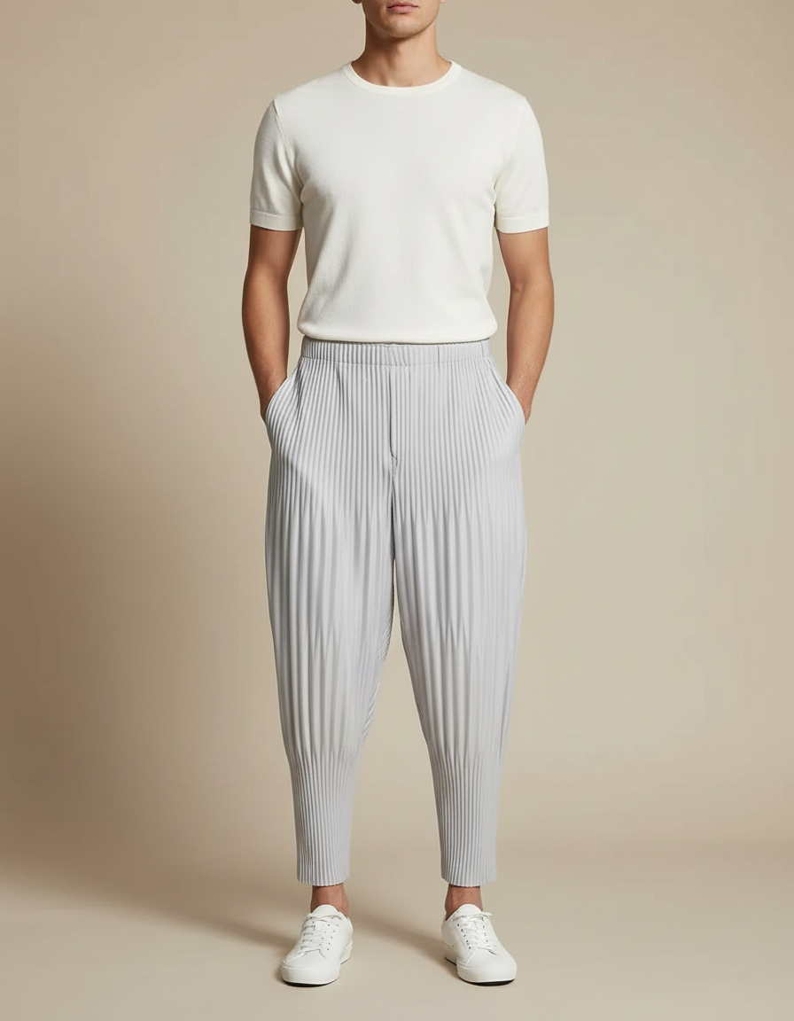 Pantalon À Pince Plissé Gris Décontracté Ample Homme - Polyester