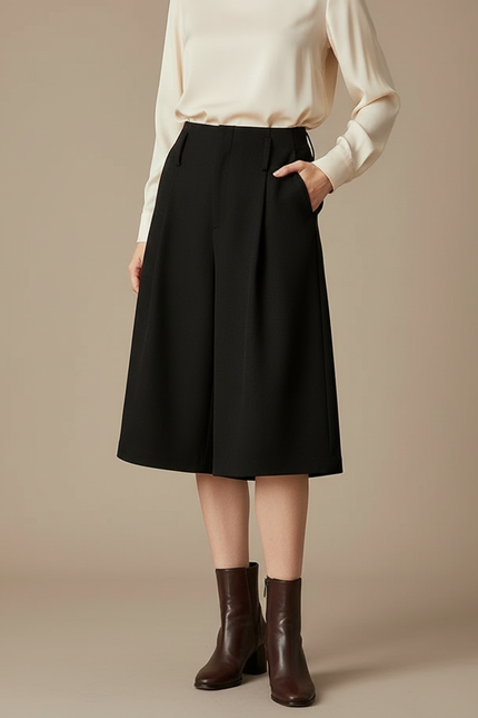 Pantalon À Pince Noir Ample Plissé Élégant Femme - Gabardine