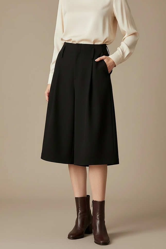 Pantalon À Pince Noir Ample Plissé Élégant Femme - Gabardine