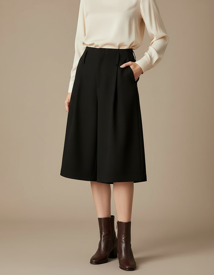 Pantalon À Pince Noir Ample Plissé Élégant Femme - Gabardine