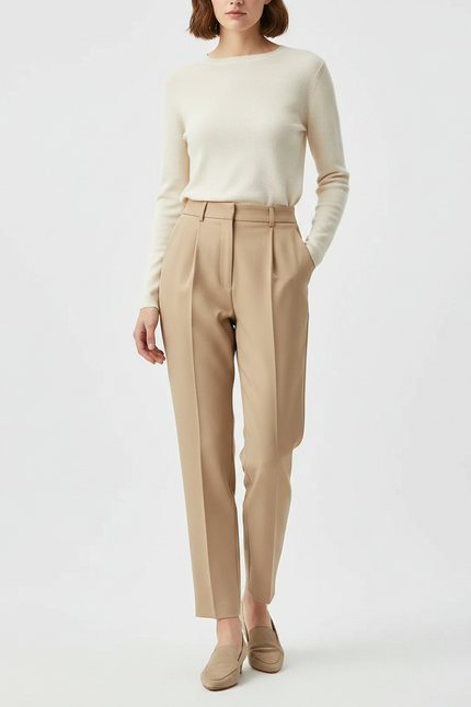 Pantalon À Pince Beige Fuselé Élégant Femme - Gabardine