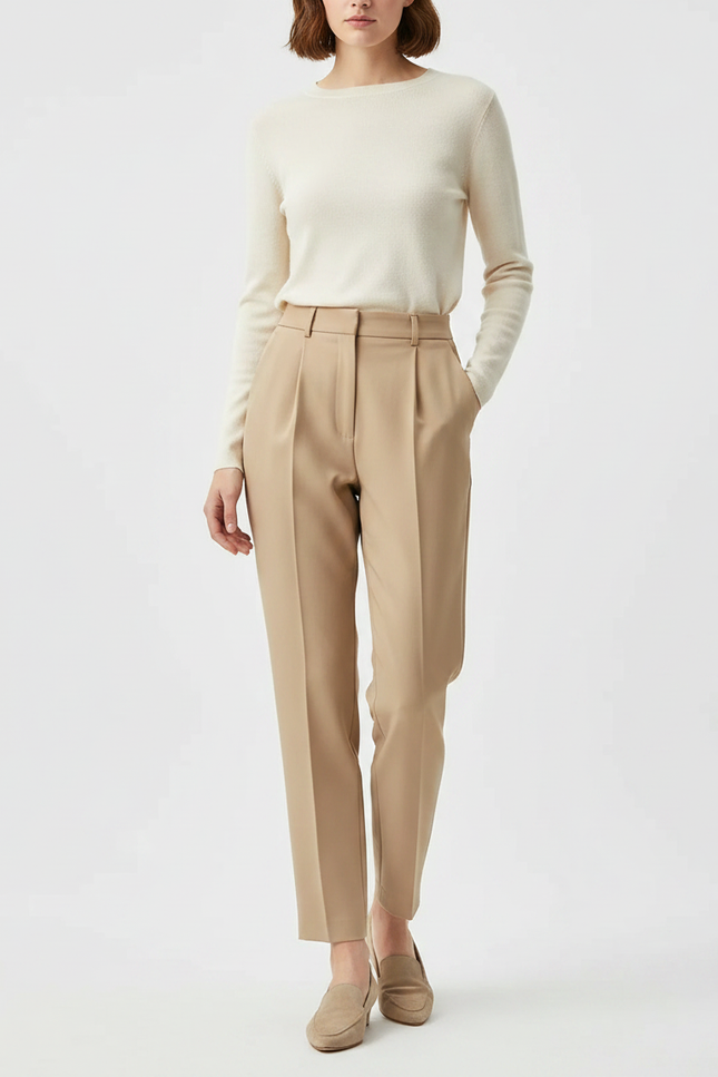 Pantalon À Pince Beige Fuselé Élégant Femme - Gabardine