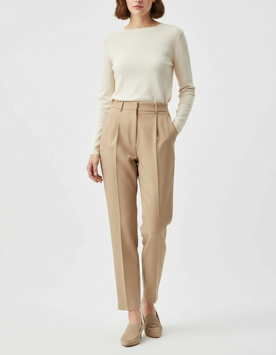 Pantalon À Pince Beige Fuselé Élégant Femme - Gabardine
