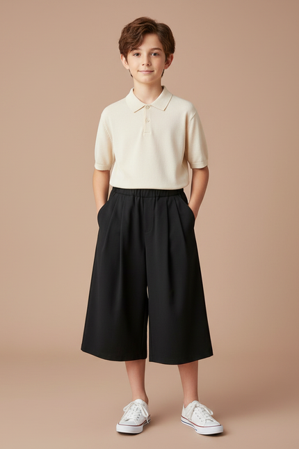 Pantalon À Pince Noir Plissé Ample Décontracté Enfant - Polyester