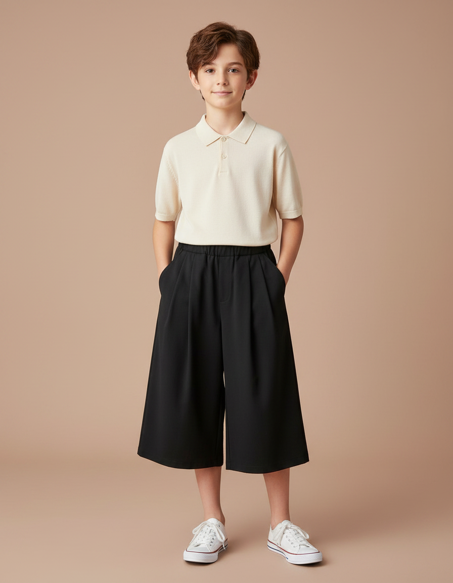 Pantalon À Pince Noir Plissé Ample Décontracté Enfant - Polyester