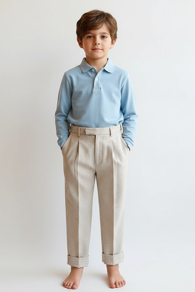 Pantalon À Pince Beige Plissé Garçon Élégant - Laine