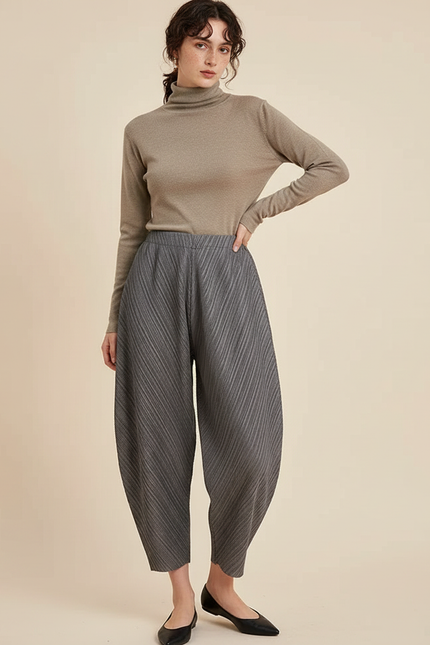 Pantalon À Pince Plissé Gris Ample Décontracté Femme - Polyester