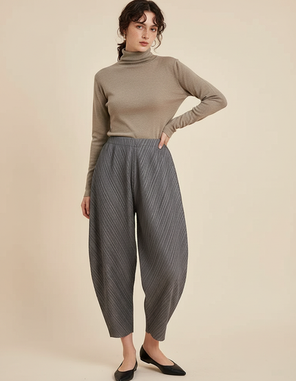 Pantalon À Pince Plissé Gris Ample Décontracté Femme - Polyester