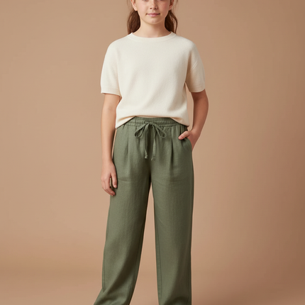 Pantalon À Pince Kaki Lin Cordon Ample Fille