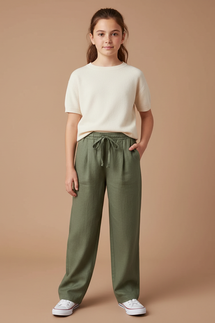 Pantalon À Pince Kaki Lin Cordon Ample Fille