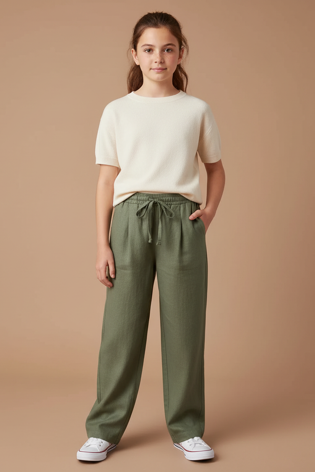 Pantalon À Pince Kaki Lin Cordon Ample Fille