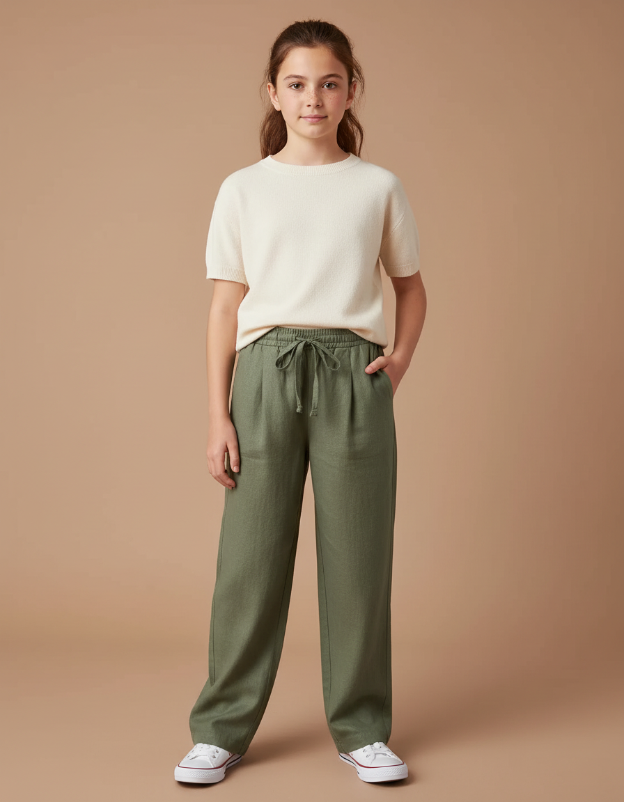Pantalon À Pince Kaki Lin Cordon Ample Fille