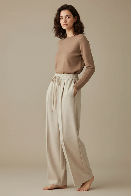 Pantalon À Pince Crème Ample Décontracté Fluide Femme - Beige Molleton