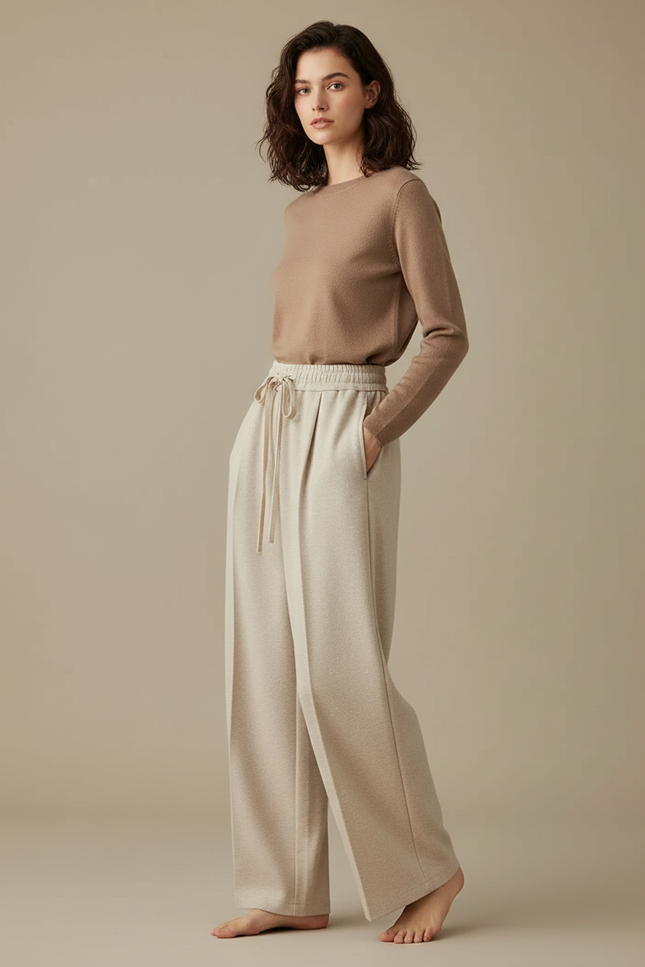Pantalon À Pince Crème Ample Décontracté Fluide Femme - Beige Molleton