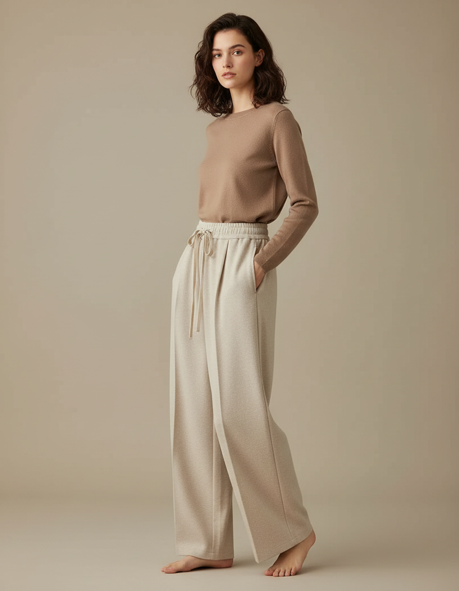 Pantalon À Pince Crème Ample Décontracté Fluide Femme - Beige Molleton