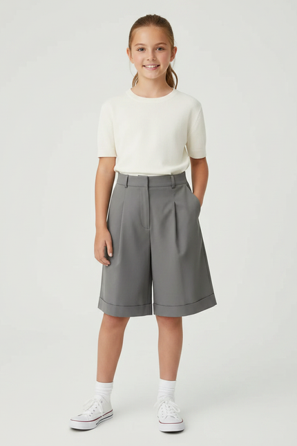 Pantalon À Pince Gris Ample Droit Court Fille - Gabardine