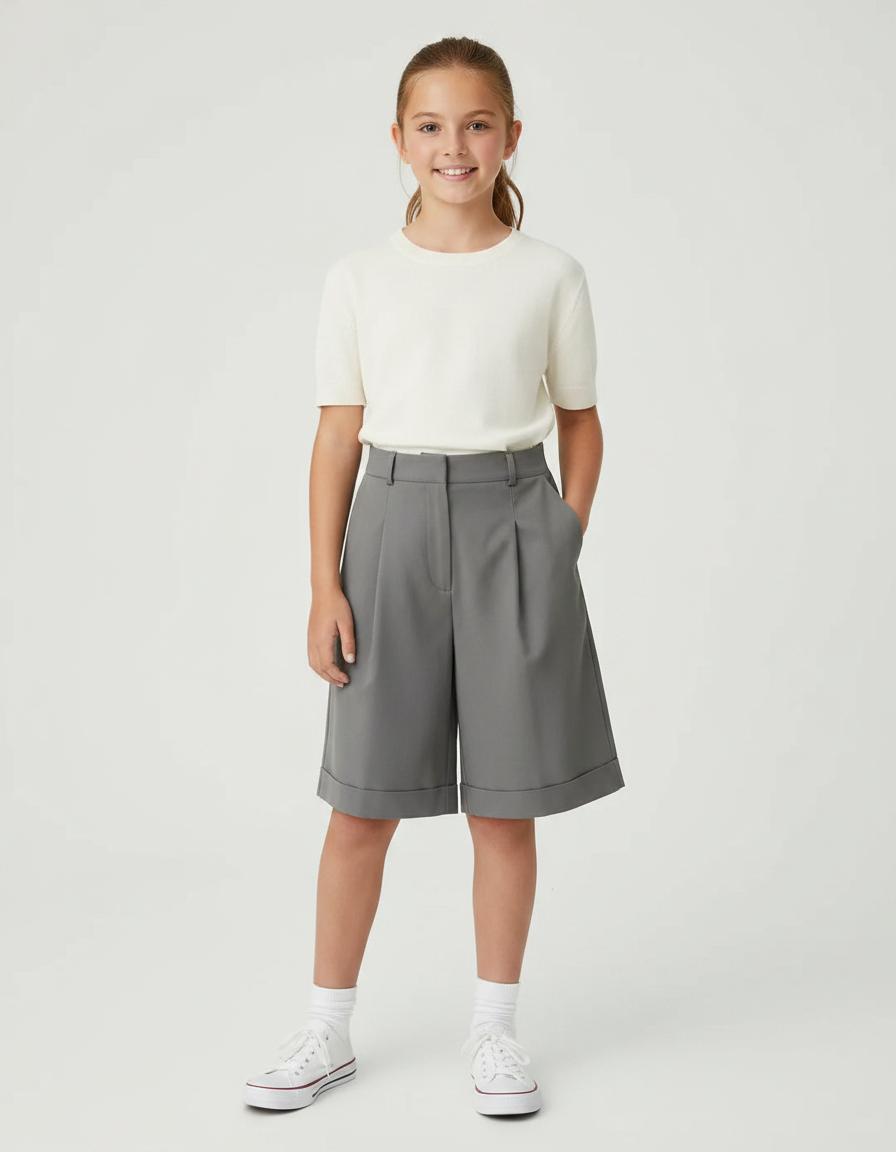 Pantalon À Pince Gris Ample Droit Court Fille - Gabardine