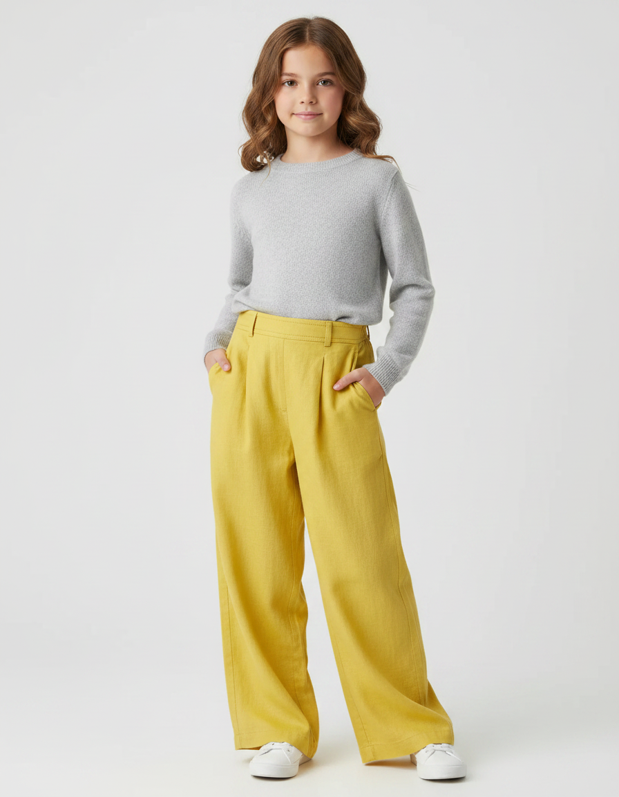 Pantalon À Pince Jaune Lin Ample Fille