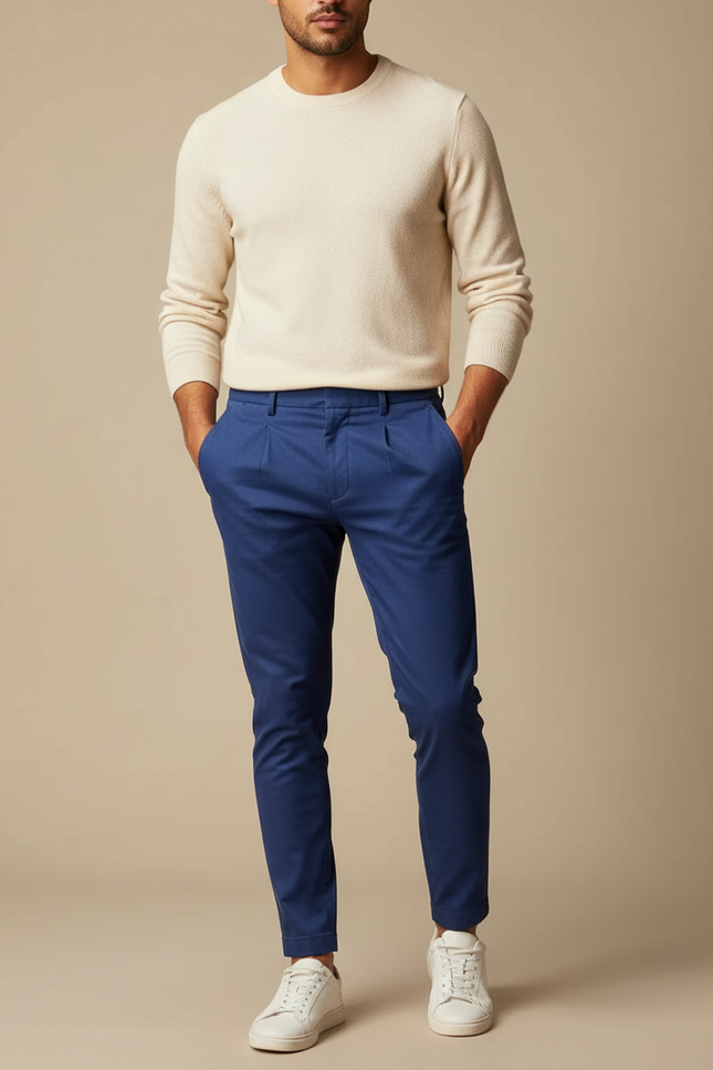 Pantalon À Pince Bleu Coton Slim Élégant Homme - Gabardine