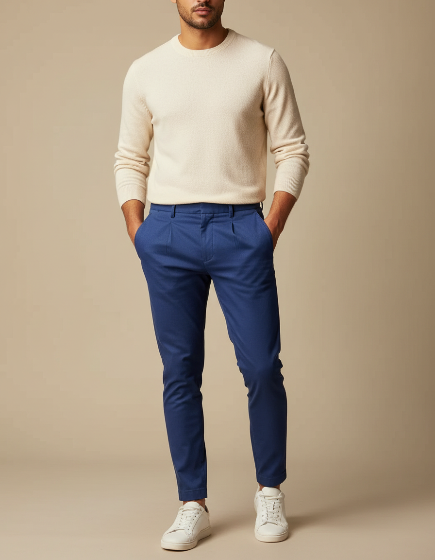 Pantalon À Pince Bleu Coton Slim Élégant Homme - Gabardine
