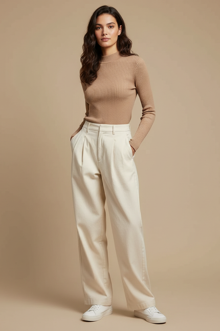 Pantalon À Pince Écru Ample Décontracté Femme - Beige Toile