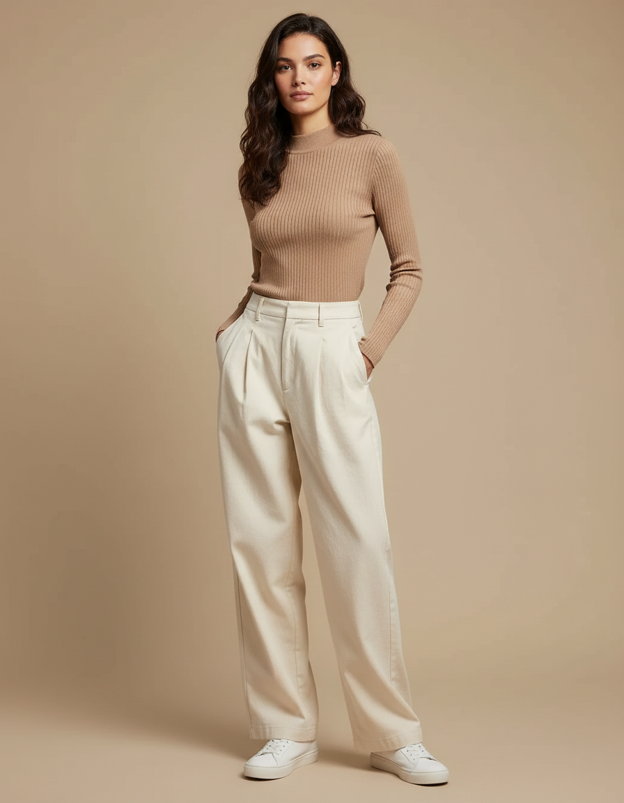 Pantalon À Pince Écru Ample Décontracté Femme - Beige Toile