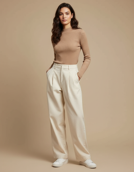 Pantalon À Pince Écru Ample Décontracté Femme - Beige Toile