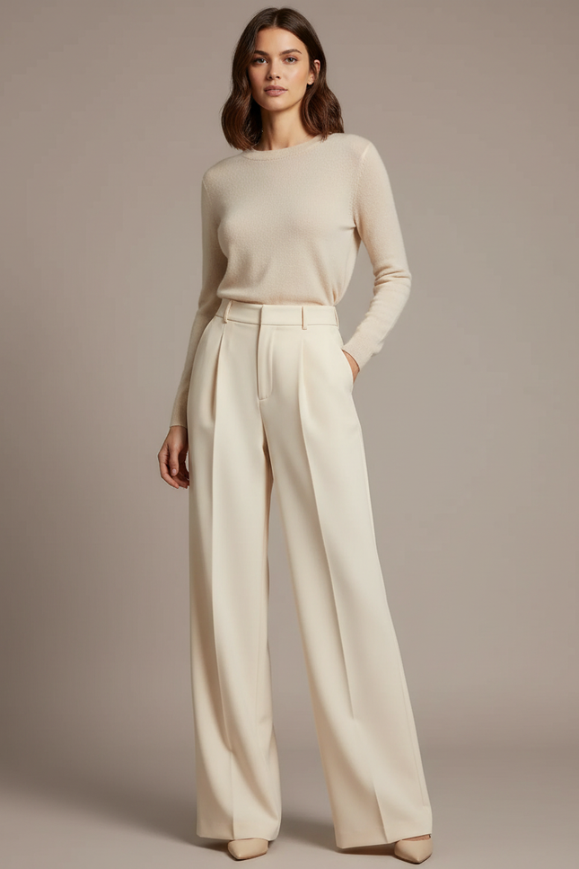 Pantalon À Pince Crème Droit Fluide Élégant Femme - Beige Gabardine