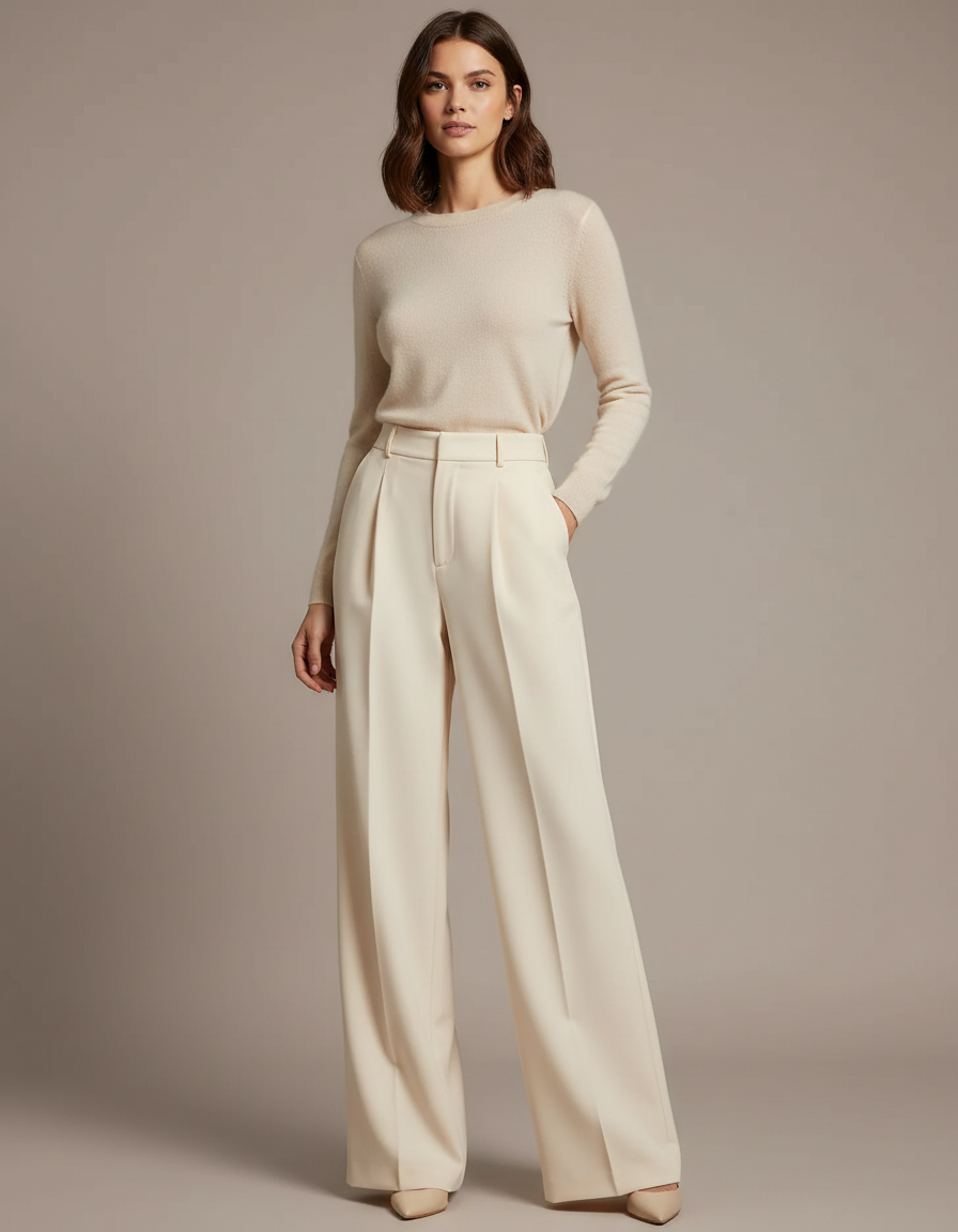 Pantalon À Pince Crème Droit Fluide Élégant Femme - Beige Gabardine