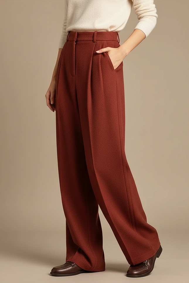 Pantalon À Pince Laine Large Plissé Rouge Brique Élégant - Bordeaux