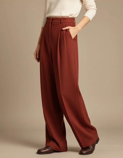 Pantalon À Pince Laine Large Plissé Rouge Brique Élégant - Bordeaux
