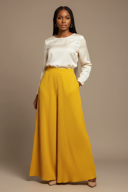Pantalon À Pince Jaune Plissé Ample Fluide Élégant - Polyester