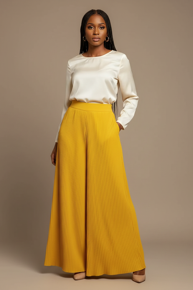 Pantalon À Pince Jaune Plissé Ample Fluide Élégant - Polyester