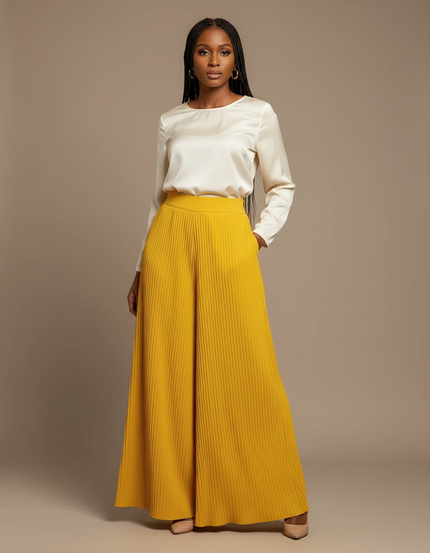 Pantalon À Pince Jaune Plissé Ample Fluide Élégant - Polyester