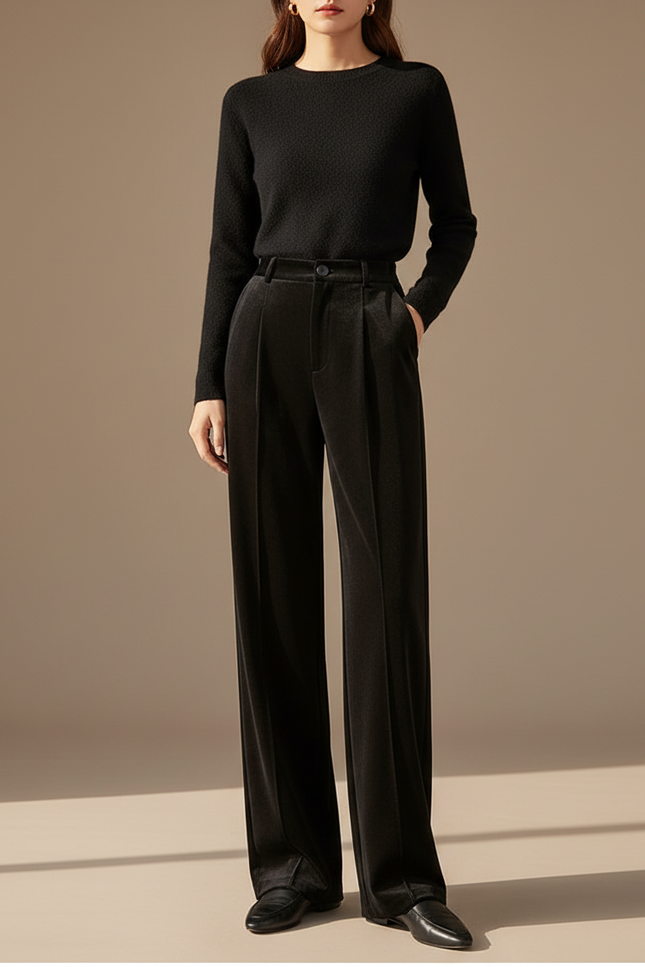 Pantalon À Pince Noir Velours Ample Élégant Femme