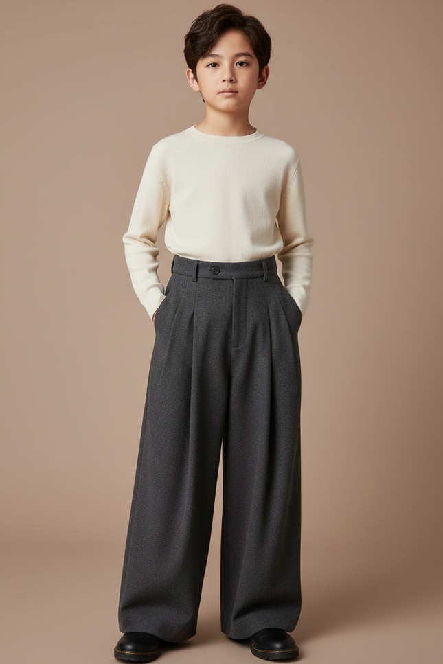 Pantalon À Pince Gris Ample Plissé Laine