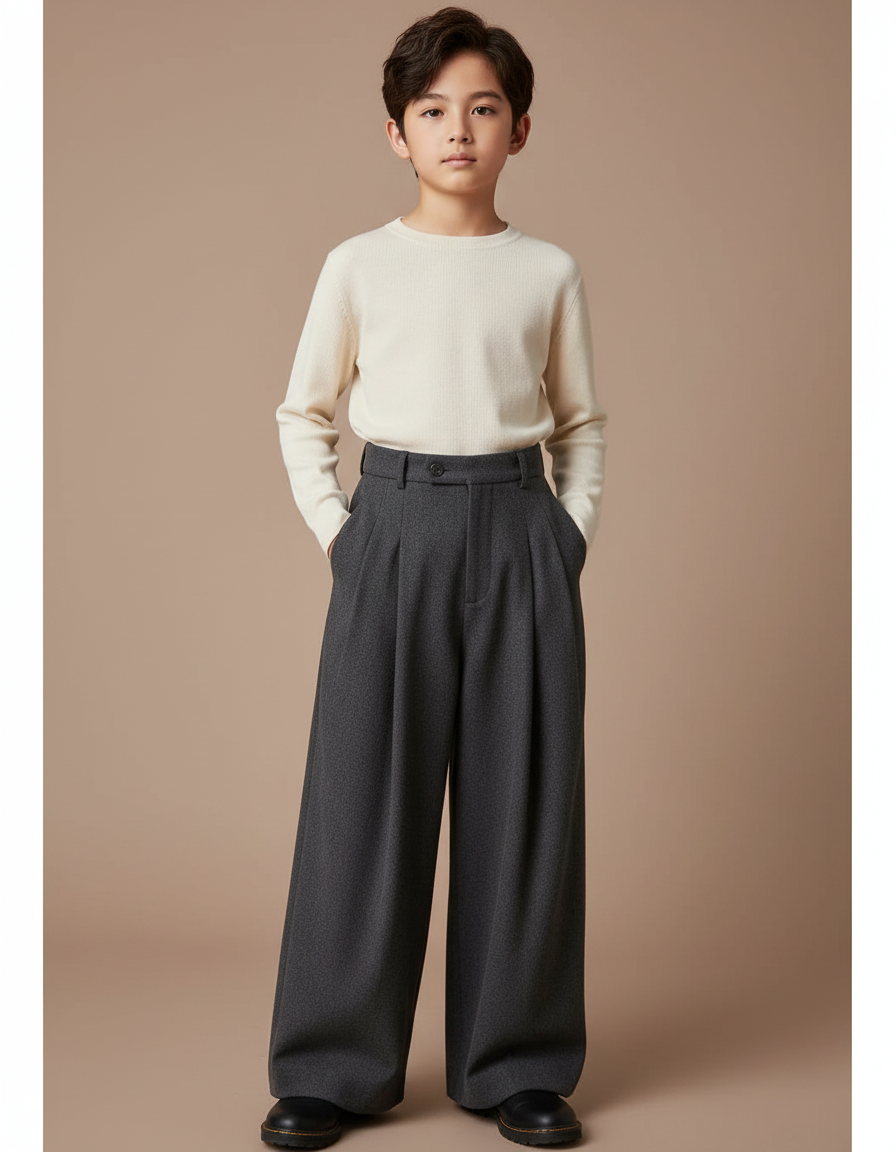 Pantalon À Pince Gris Ample Plissé Laine