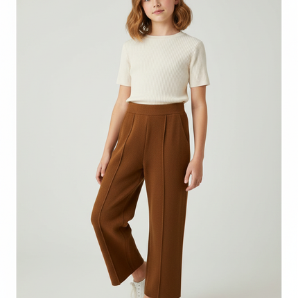 Pantalon À Pince Marron Tricoté Large Décontracté Fille - Maille