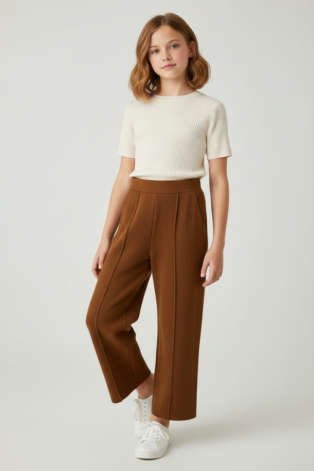 Pantalon À Pince Marron Tricoté Large Décontracté Fille - Maille