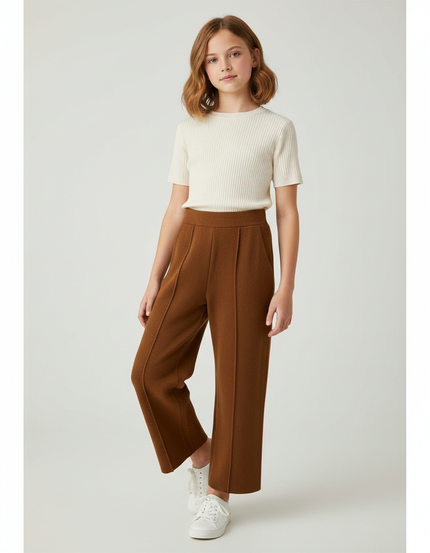 Pantalon À Pince Marron Tricoté Large Décontracté Fille - Maille